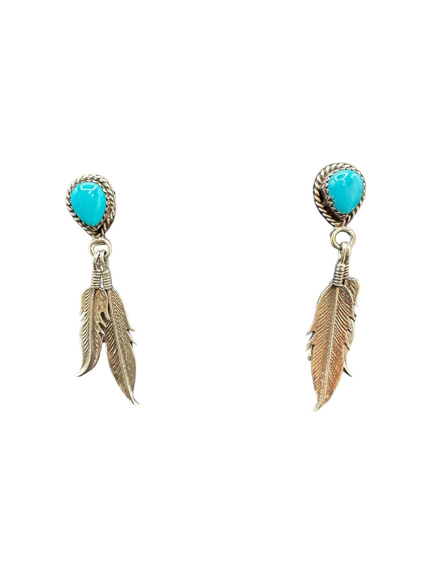 Teardrop Drop Feather Earrings - Sterling Silver & Genuine Turquoise - Artisan Collection