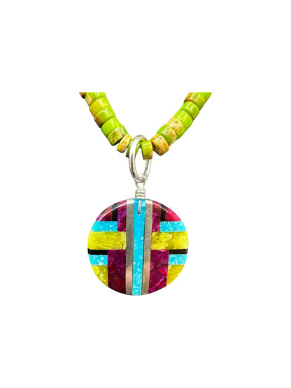 Double Heishi Necklace & Zuni Inlay Round Pendant Set - Spiny Oyster & Sage Turquoise Round- Handmade Artisan Collection