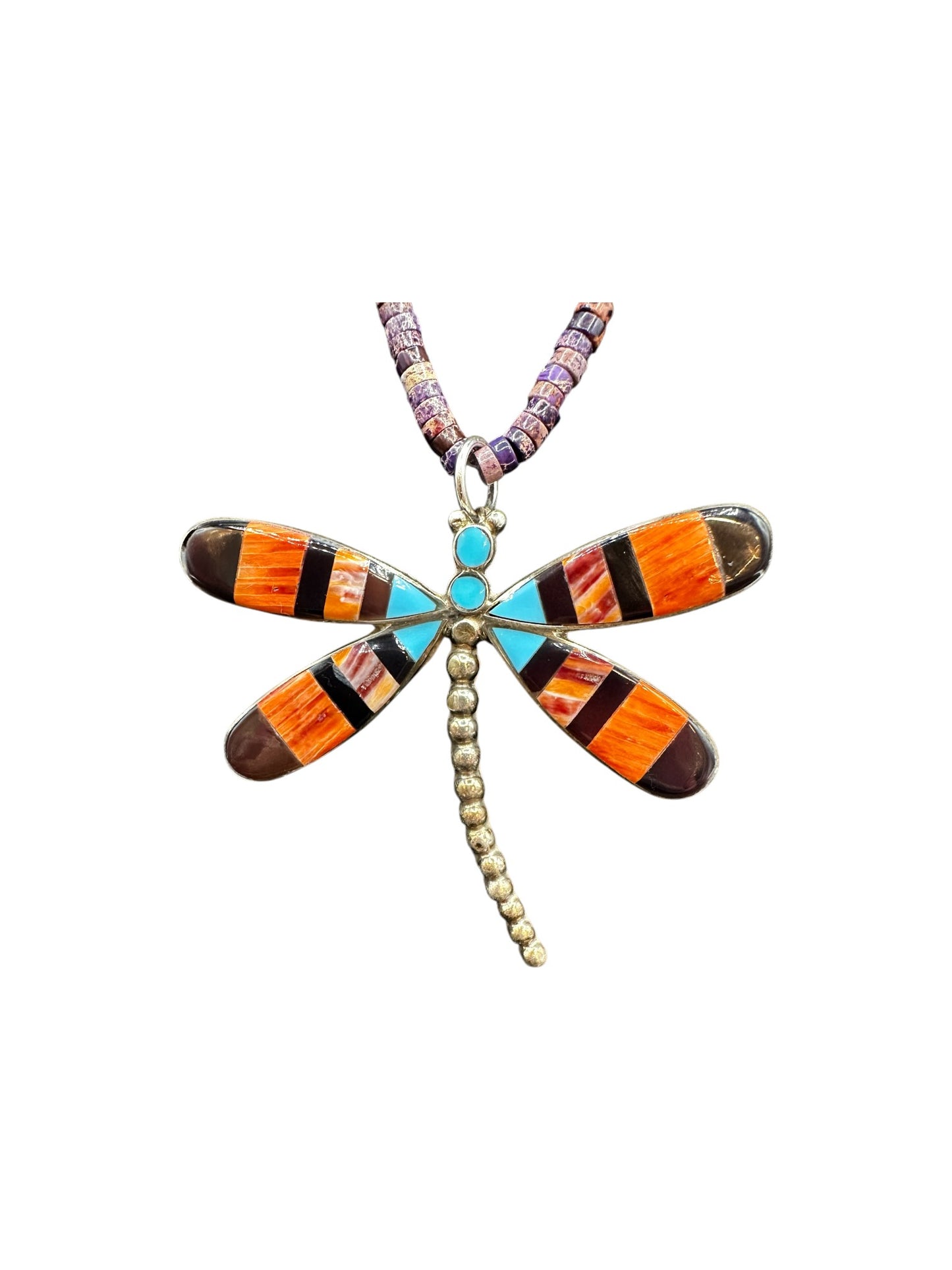 Large Dragonfly Zuni Inlay Pendant - Sterling Silver & Genuine Turquoise, Spiny Oyster, Black Onyx - Handmade Native American