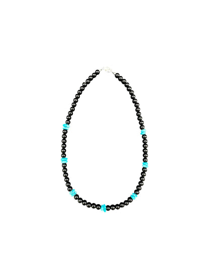 6MM Black Onyx Pearl Necklace with Genuine Turquoise Nuggets -  Hand Strung Artisan Collection