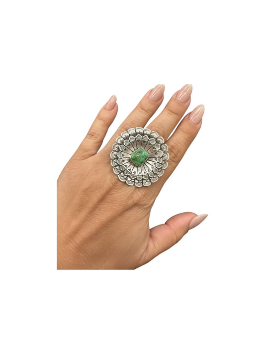 Large Round Cabochon Ring  – Multi Layer Floral Sterling Silver and Genuine Turquoise -  Authentic Handmade Native American – Leroy James