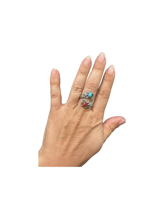 Small Leaf Cabochon Ring  – Sterling Silver and Genuine Turquoise and Genuine Coral -  Authentic Handmade Native American