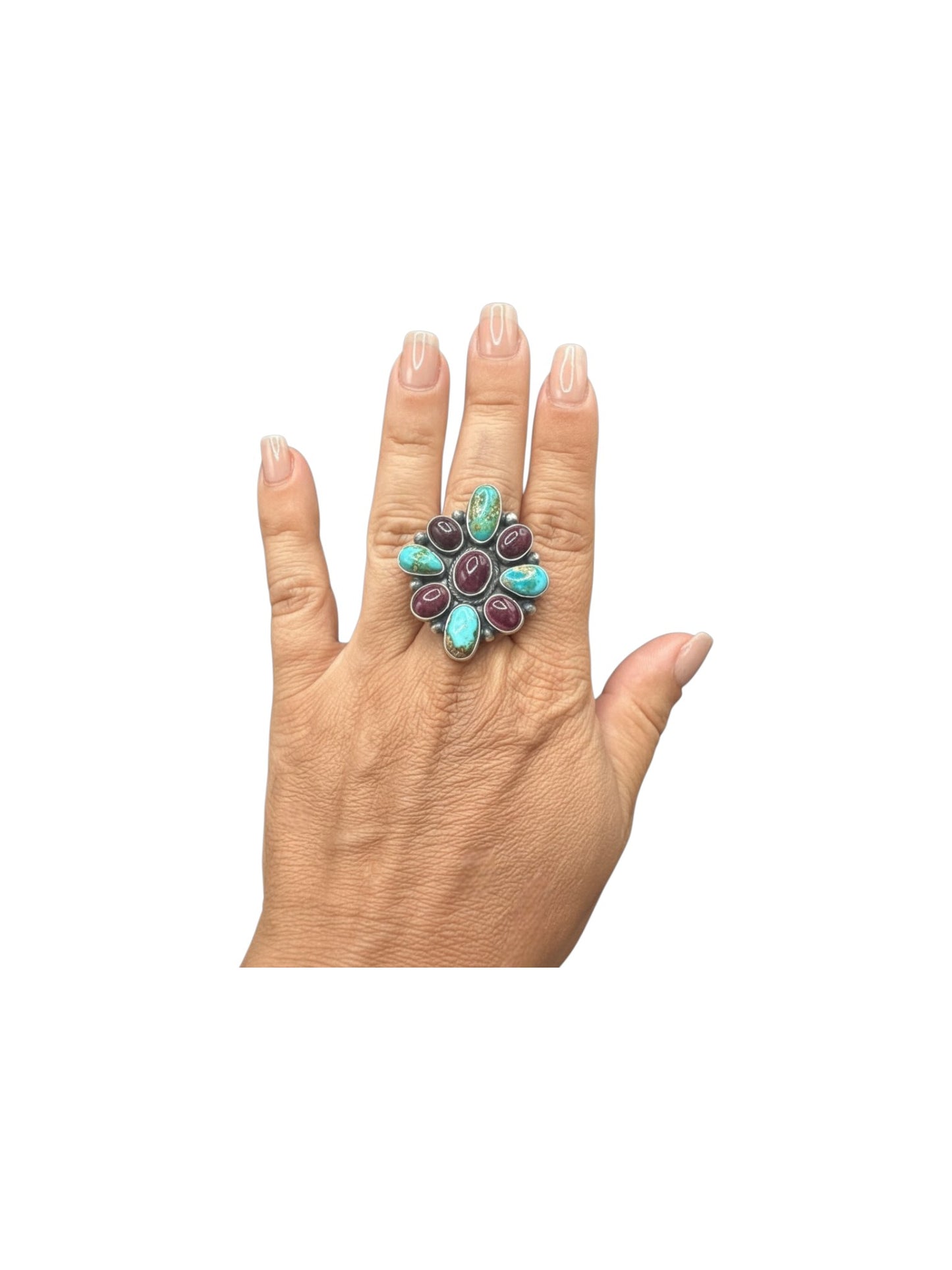Medium Multi Stone Cluster Ring - Sterling Silver, Genuine Turquoise and Spiny Oyster – Handmade Native American – Sharon Francisco