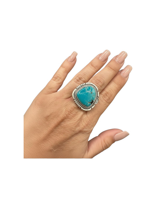 Medium Freeform Cabochon Ring  – Sterling Silver and Genuine Turquoise Ring -  Authentic Handmade Native American – John McCray - Made in USA