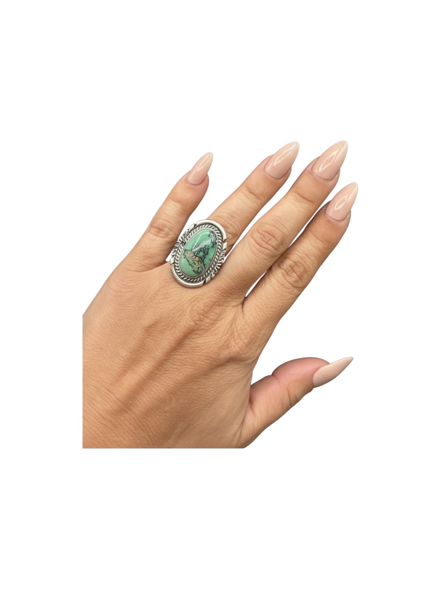 Medium Narrow Oval Cabochon Ring  – Sterling Silver and Genuine Turquoise Ring -  Authentic Handmade Native American – John McCray - Made in USA