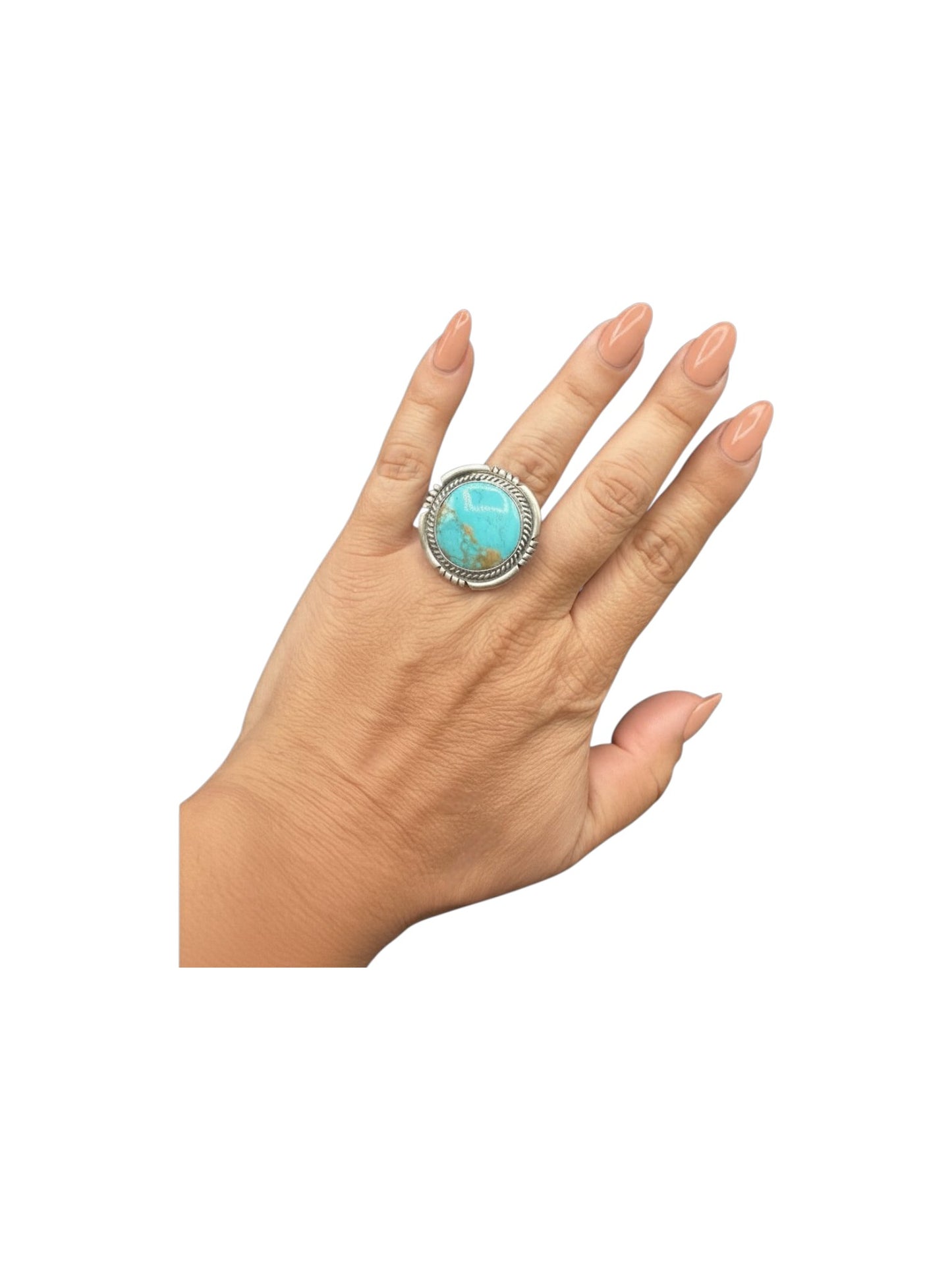 Medium Round Cabochon Ring  – Sterling Silver and Genuine Turquoise Ring -  Authentic Handmade Native American – John McCray