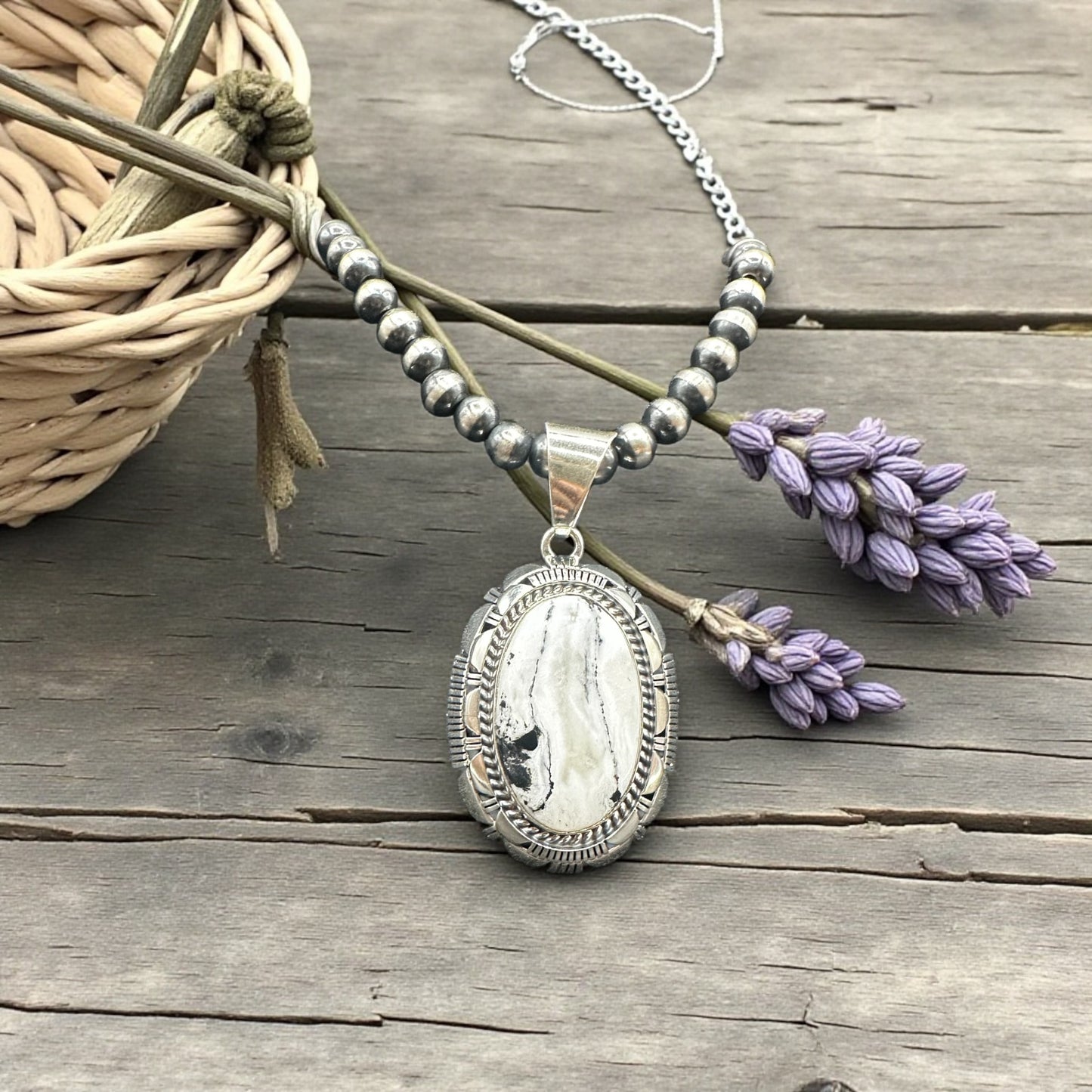 Larry Moss Yazzie - White Buffalo and Sterling Silver - Solitaire Pendant - Handcrafted Native American