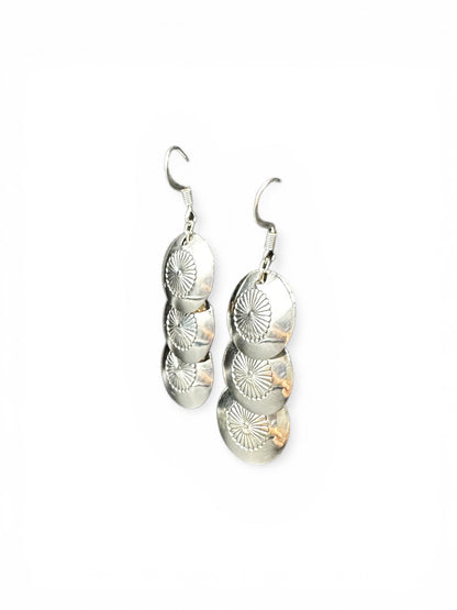 Medium Hook Dangle Earrings – Triple Disc Saucer Pearls -  Authentic Native American Handmade - American Sterling Silver - Made in USA