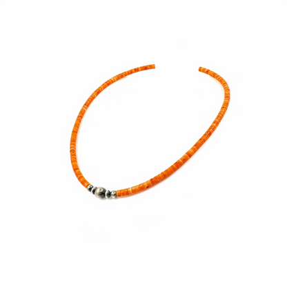 4MM Heishi Necklace – Genuine Orange Spiny Oyster with Sterling Silver Pearl - Handmade Native American | Pueblo Craft | New Mexico, USA