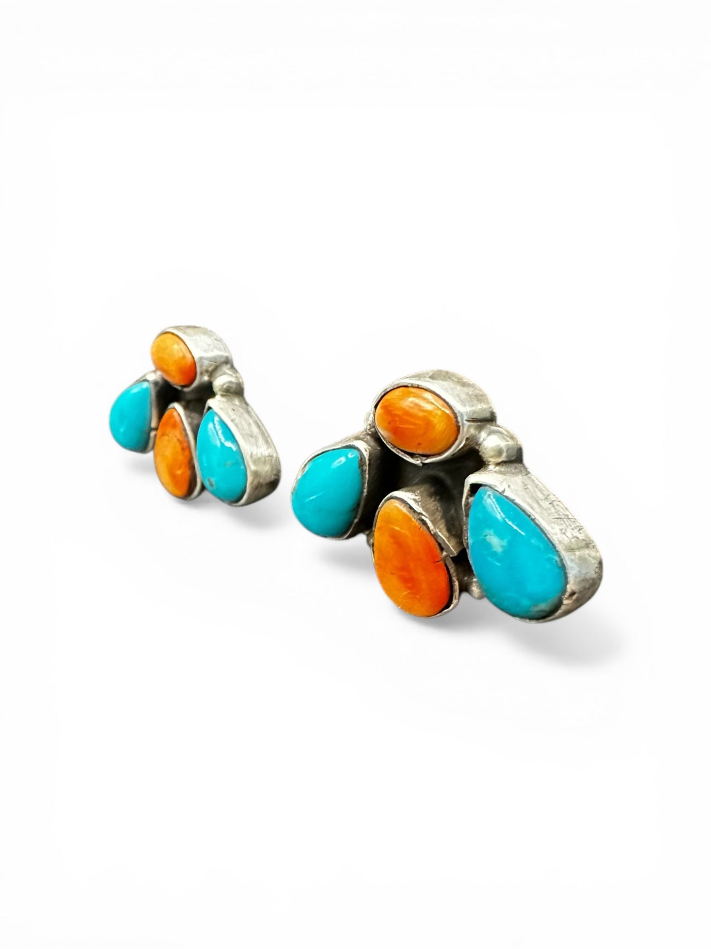 Medium Quarter Cluster Stud Earrings – Sterling Silver,  Genuine Turquoise and Spiny Oyster -  Authentic Native American Handmade – Marcella James - Made in USA
