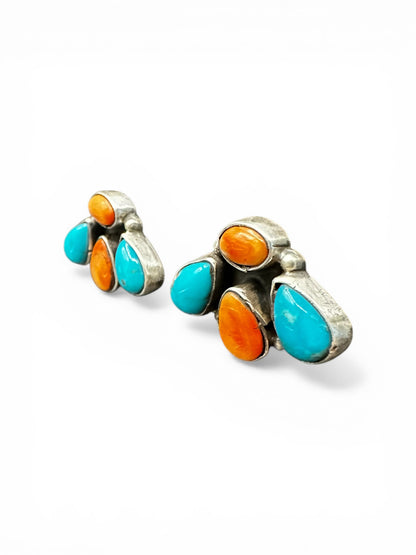 Medium Quarter Cluster Stud Earrings – Sterling Silver,  Genuine Turquoise and Spiny Oyster -  Authentic Native American Handmade – Marcella James - Made in USA
