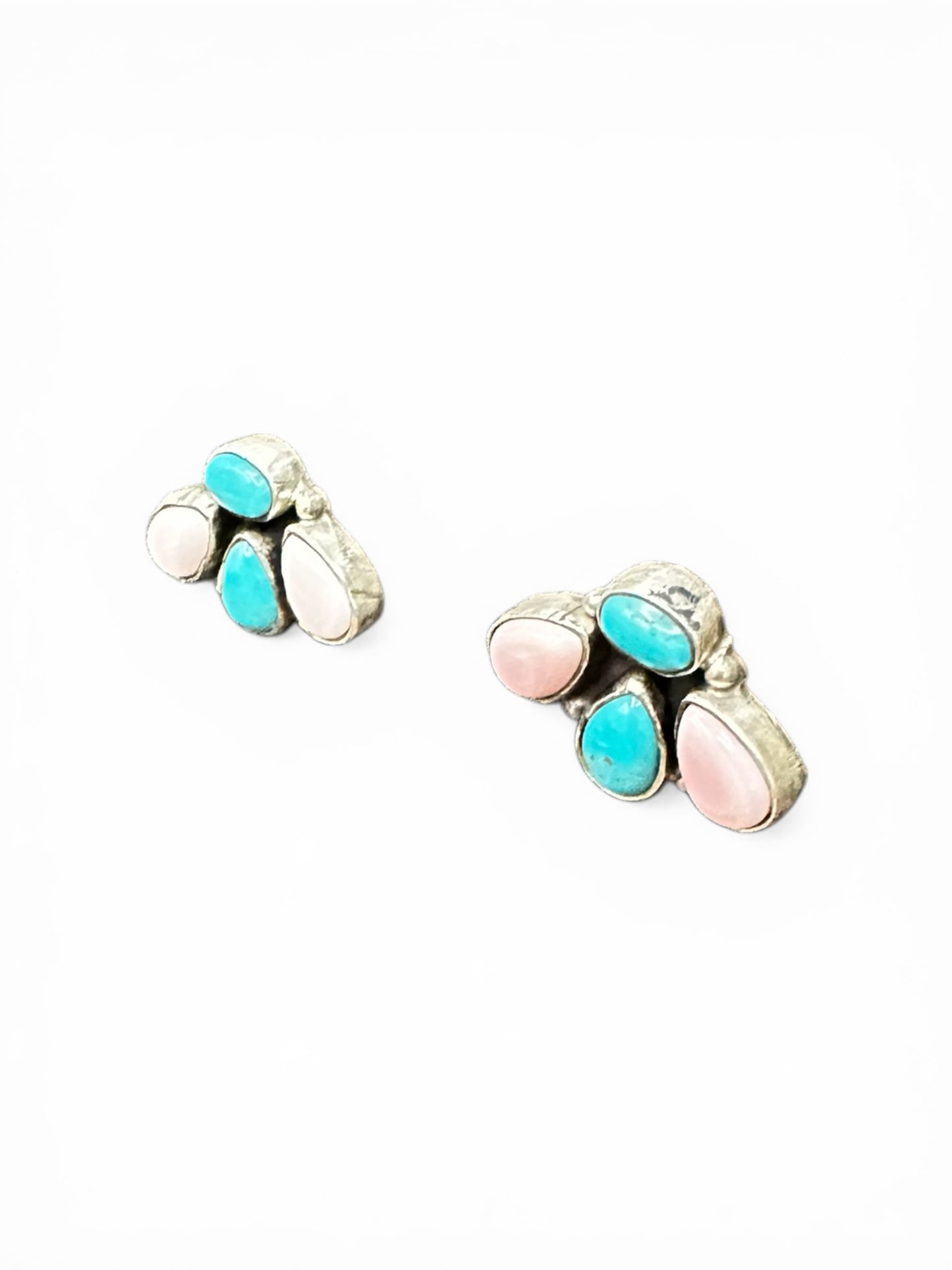 Medium Quarter Cluster Stud Earrings – Sterling Silver,  Genuine Turquoise and Queen Pink Conch -  Authentic Native American Handmade – Marcella James - Made in USA