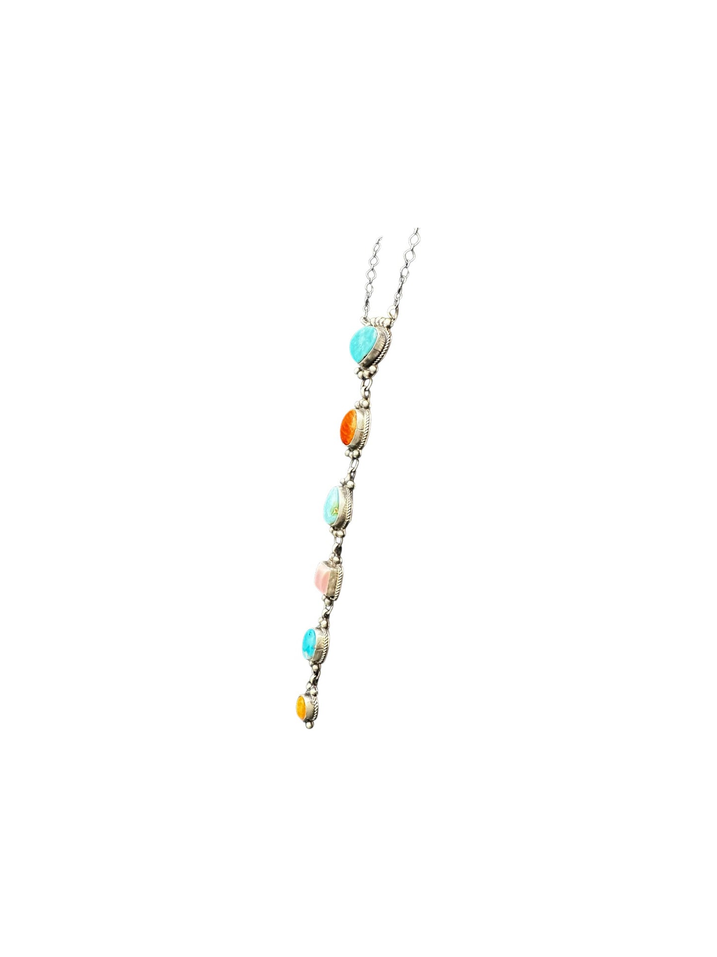 Multi Color & Stone Lariat Necklace – Sterling Silver, Turquoise, Spiny Oyster, Queen Pink Conch -  Authentic Native American Handmade – Harrison Yazzie - Made in USA