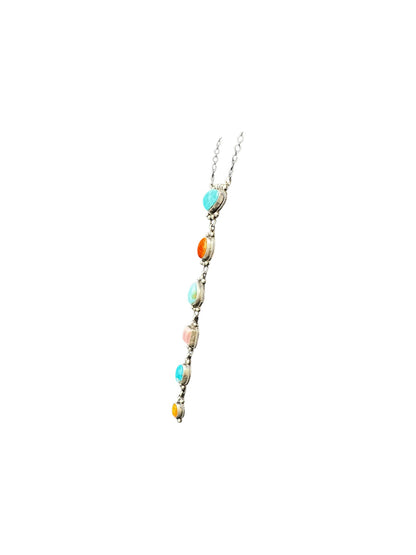 Multi Color & Stone Lariat Necklace – Sterling Silver, Turquoise, Spiny Oyster, Queen Pink Conch -  Authentic Native American Handmade – Harrison Yazzie - Made in USA