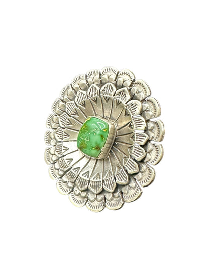 Large Round Cabochon Ring  – Multi Layer Floral Sterling Silver and Genuine Turquoise -  Authentic Handmade Native American – Leroy James