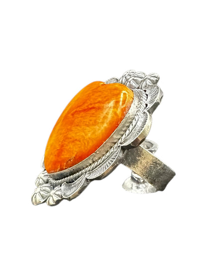 Large Heart Cabochon Ring  – Sterling Silver and Genuine Spiny Oyster -  Authentic Handmade Native American – Kevin Billah