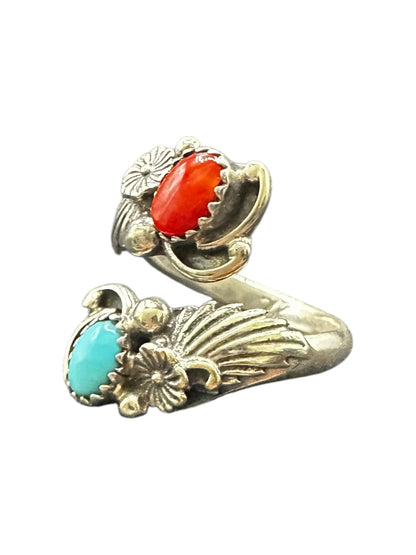 Small Leaf Cabochon Ring  – Sterling Silver and Genuine Turquoise and Genuine Coral -  Authentic Handmade Native American
