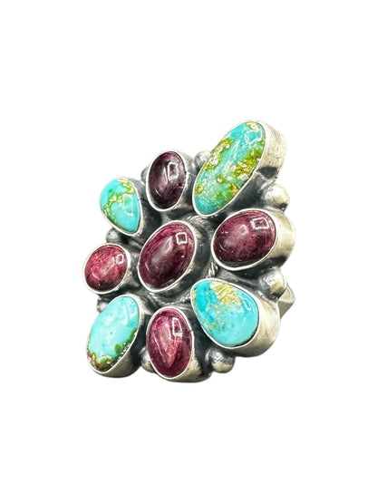 Medium Multi Stone Cluster Ring - Sterling Silver, Genuine Turquoise and Spiny Oyster – Handmade Native American – Sharon Francisco