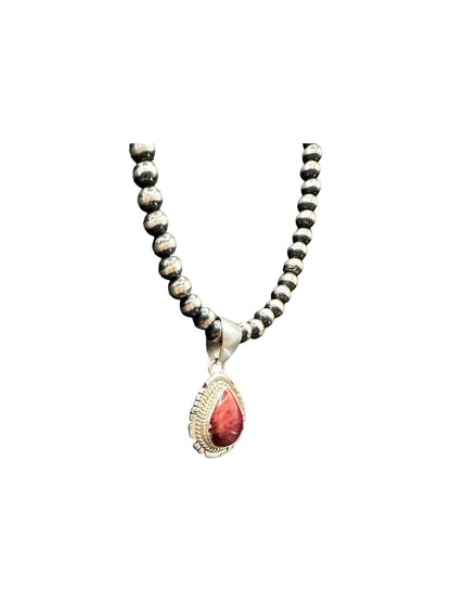 Teardrop Pear Pendant - Sterling Silver & Spiny Oyster - Handmade Artisan Collection