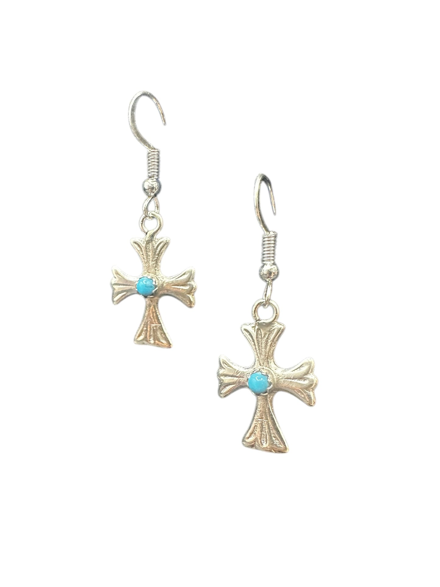 Small Cross Hook Dangle Earrings – Sterling Silver and Genuine Sleeping Beauty Turquoise -  Authentic Native American Handmade - American Sterling Silver - Made in USA