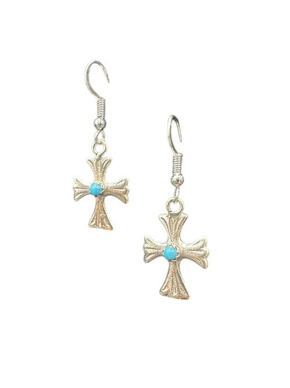 Small Cross Hook Dangle Earrings – Sterling Silver and Genuine Sleeping Beauty Turquoise -  Authentic Native American Handmade - American Sterling Silver - Made in USA