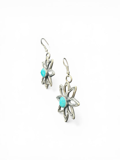 Medium Star Floral Hook Dangle Earrings – Sterling Silver and Genuine Turquoise -  Authentic Native American Handmade – Kevin Billah - Made in USA