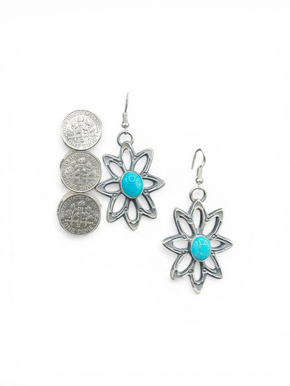 Medium Star Floral Hook Dangle Earrings – Sterling Silver and Genuine Turquoise -  Authentic Native American Handmade – Kevin Billah - Made in USA