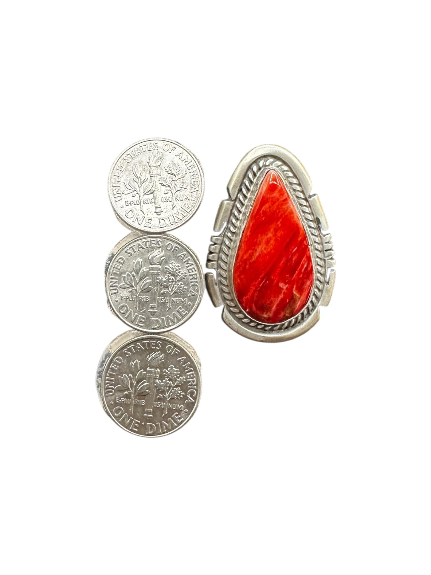Medium Pear Cabochon Ring  – Sterling Silver and Genuine Spiny Oyster Ring -  Authentic Handmade Native American – John McCray