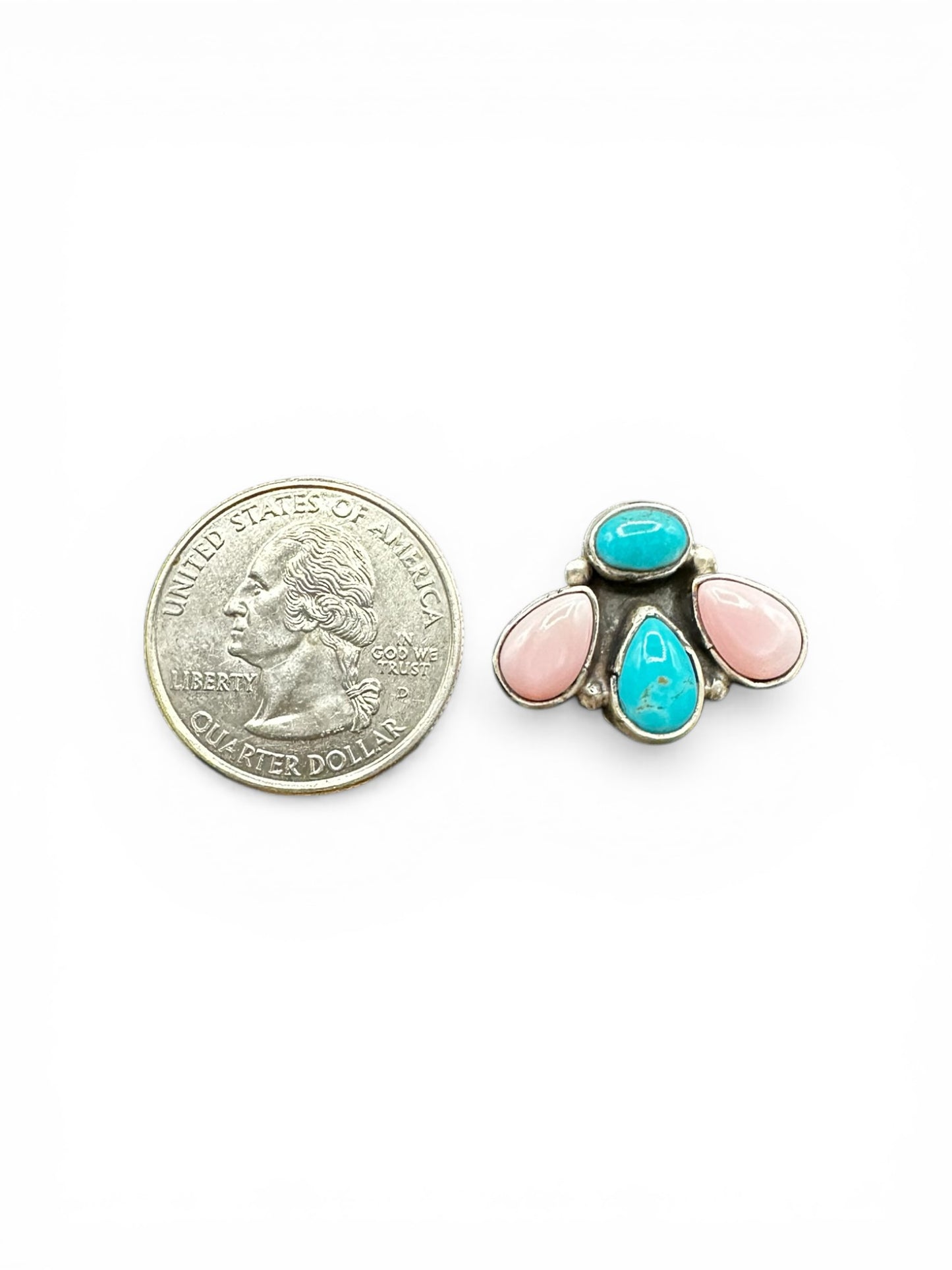 Medium Quarter Cluster Stud Earrings – Sterling Silver,  Genuine Turquoise and Queen Pink Conch -  Authentic Native American Handmade – Marcella James - Made in USA