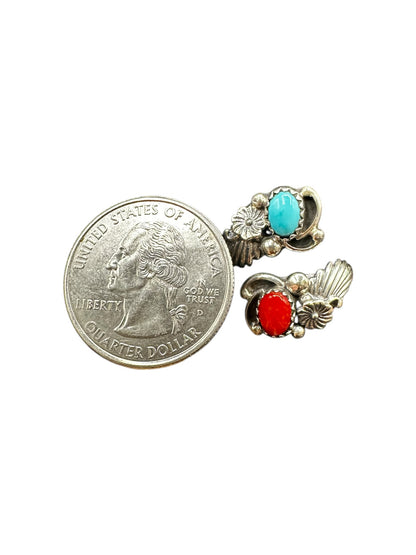Small Leaf Cabochon Ring  – Sterling Silver and Genuine Turquoise and Genuine Coral -  Authentic Handmade Native American
