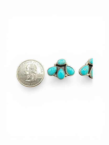 Medium Quarter Cluster Stud Earrings – Sterling Silver & Genuine Turquoise -  Authentic Native American Handmade – Marcella James - Made in USA