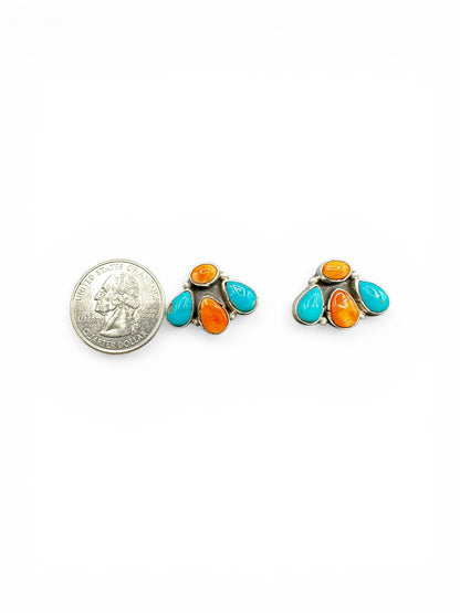 Medium Quarter Cluster Stud Earrings – Sterling Silver,  Genuine Turquoise and Spiny Oyster -  Authentic Native American Handmade – Marcella James - Made in USA