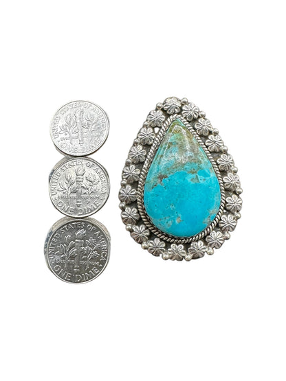 Large Pear-Cut or Wide Teardrop Ring  – Sterling Silver and Genuine Turquoise Ring -  Artisan Collection - Made in USA