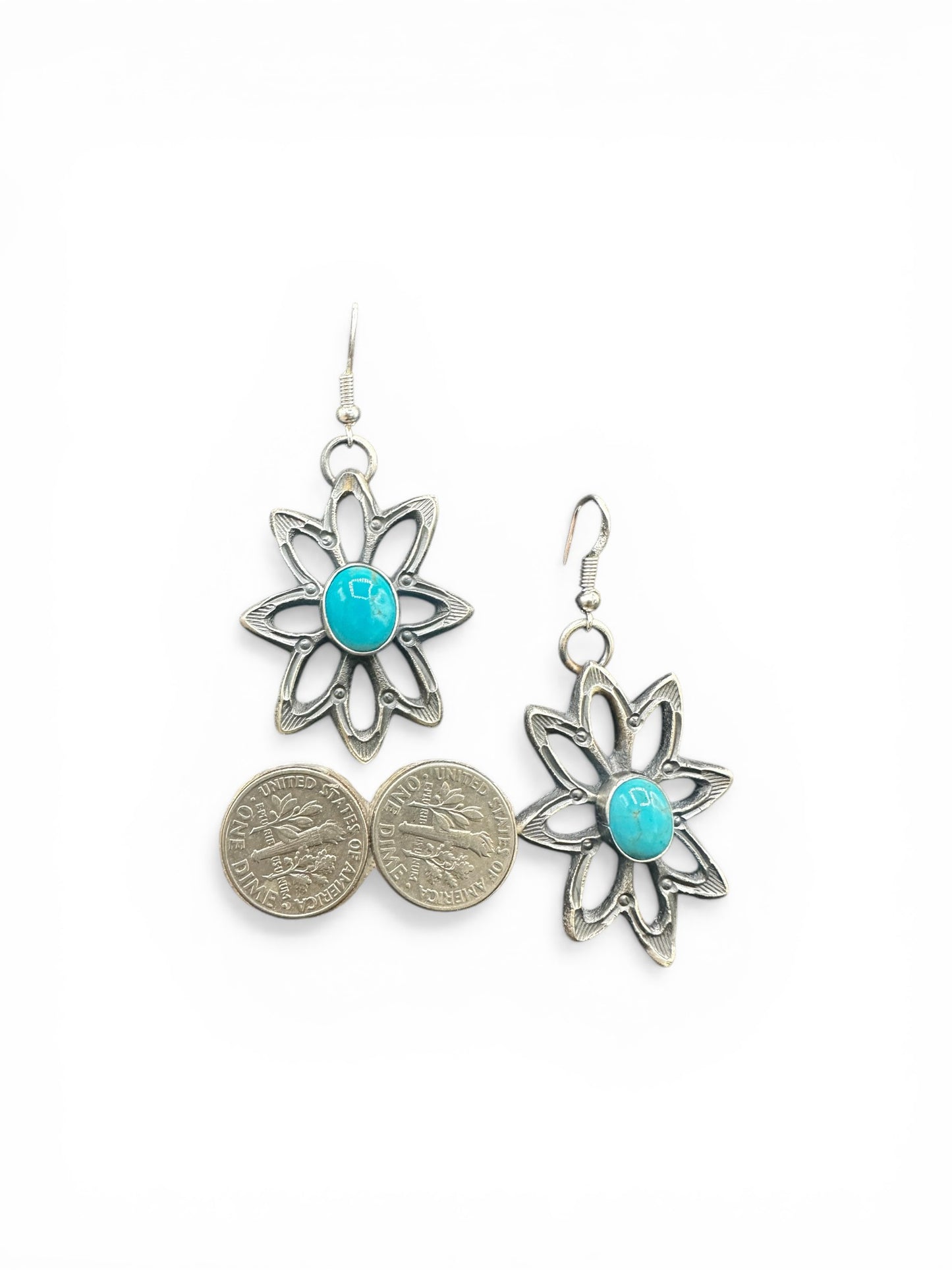 Medium Star Floral Hook Dangle Earrings – Sterling Silver and Genuine Turquoise -  Authentic Native American Handmade – Kevin Billah - Made in USA