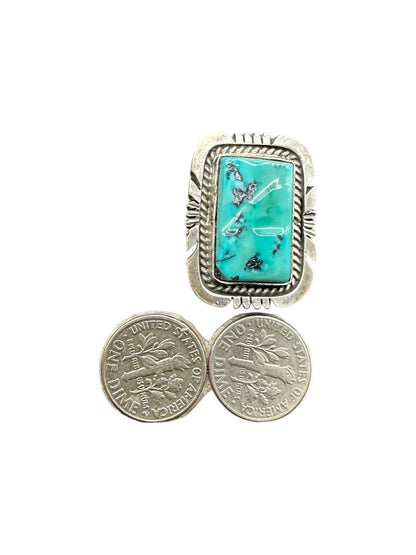 Medium Rectangle Cabochon Ring  – Sterling Silver and Genuine Turquoise Ring -  Authentic Handmade Native American – John McCray