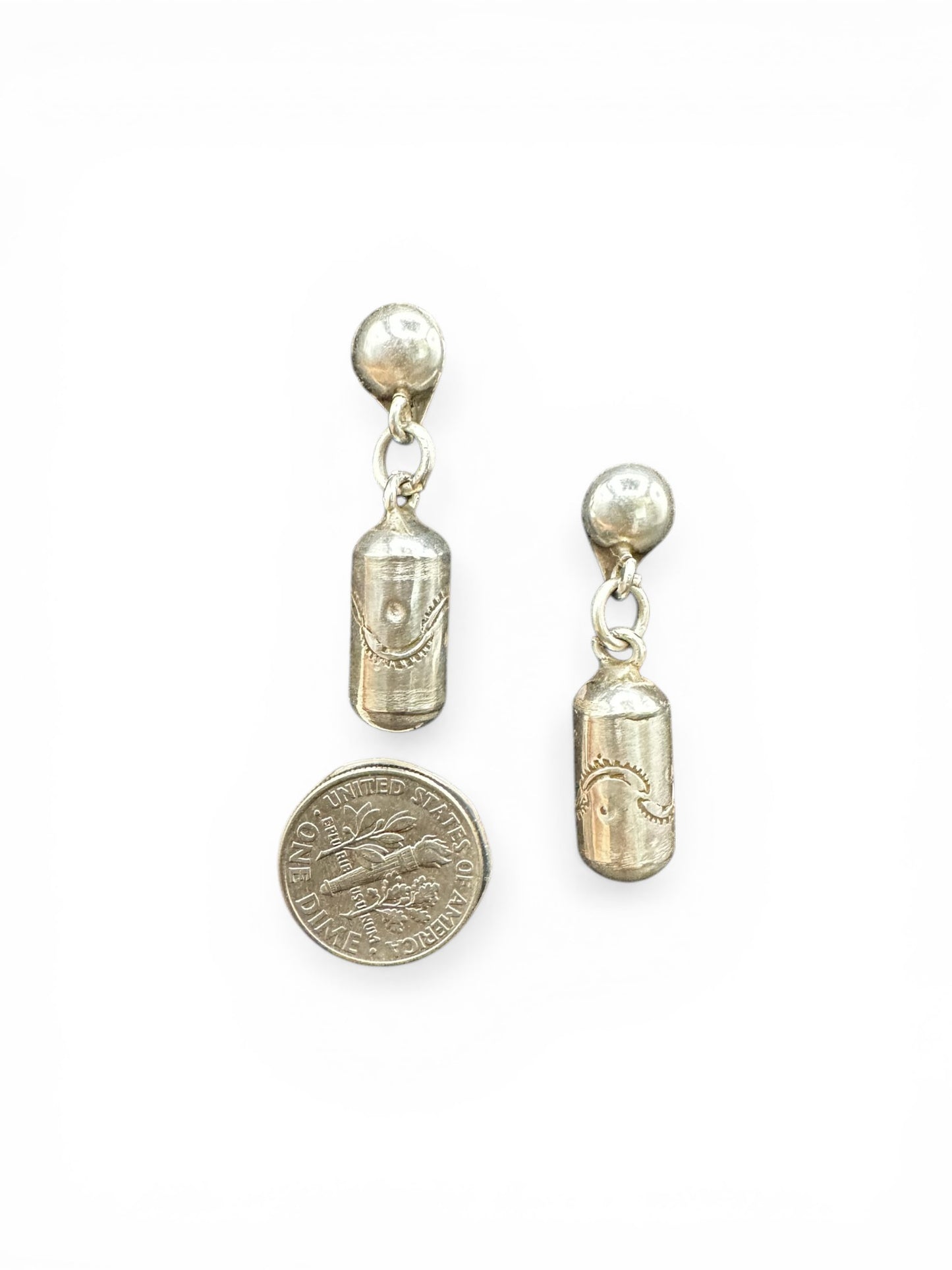Small Barrel Bead Stud Drop Earrings – Sterling Silver -  Authentic Native American Handmade – Artisan Collection - Made in USA
