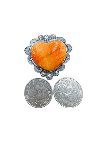 Large Heart Cabochon Ring  – Sterling Silver and Genuine Spiny Oyster -  Authentic Handmade Native American – Kevin Billah