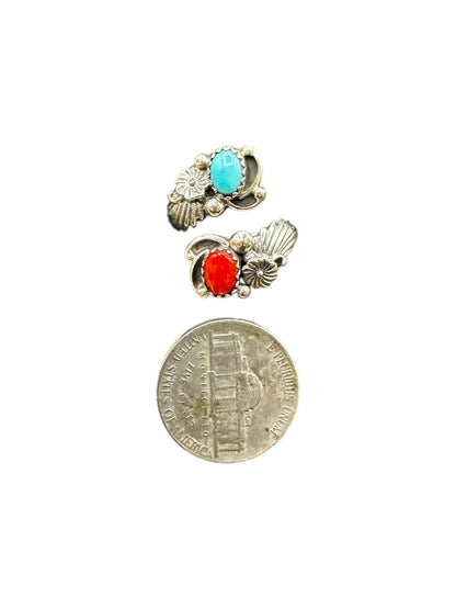 Small Leaf Cabochon Ring  – Sterling Silver and Genuine Turquoise and Genuine Coral -  Authentic Handmade Native American