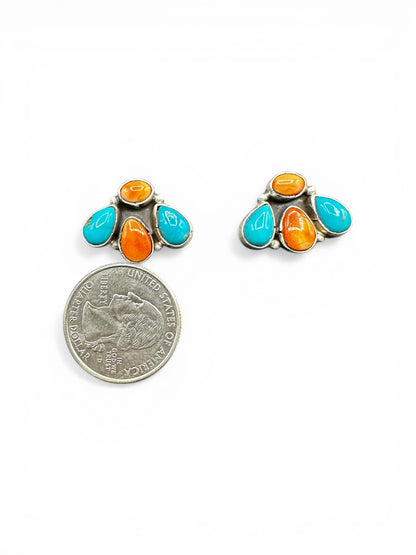 Medium Quarter Cluster Stud Earrings – Sterling Silver,  Genuine Turquoise and Spiny Oyster -  Authentic Native American Handmade – Marcella James - Made in USA