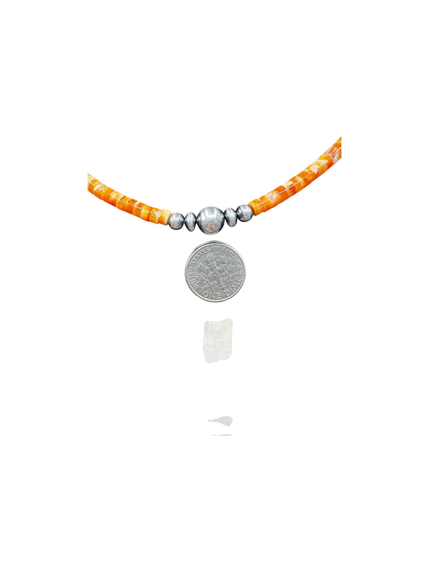 4MM Heishi Necklace – Genuine Orange Spiny Oyster with Sterling Silver Pearl - Handmade Native American | Pueblo Craft | New Mexico, USA
