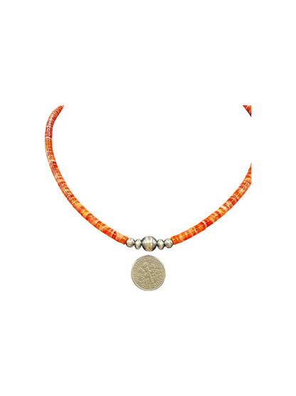 4MM Heishi Necklace – Genuine Red Spiny Oyster with Sterling Silver Pearl - Handmade Native American | Pueblo Craft | New Mexico, USA