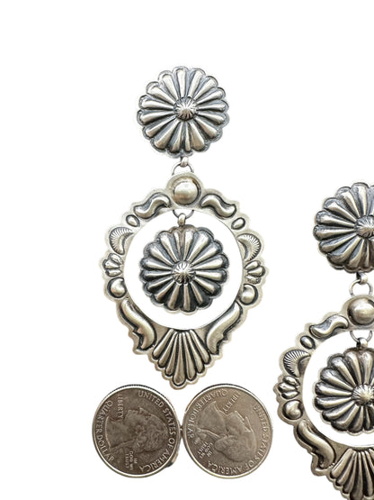 Large Concho Cut Out Earrings – Sterling Silver Hand Stamped - Authentic Native American Handmade – Eugene Charley - Made in USA