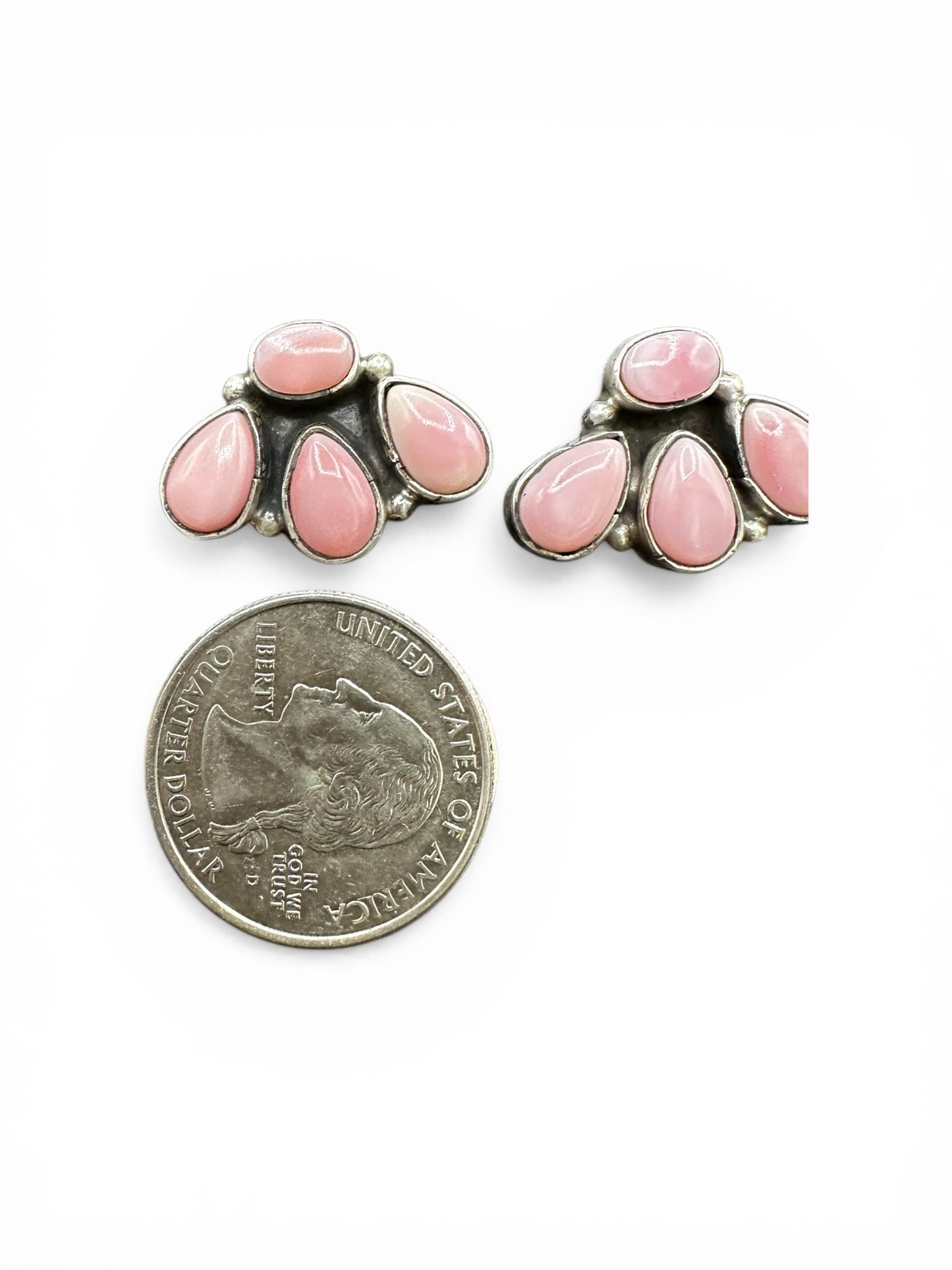 Medium Quarter Cluster Stud Earrings – Sterling Silver & Genuine Queen Pink Conch -  Authentic Native American Handmade – Marcella James - Made in USA