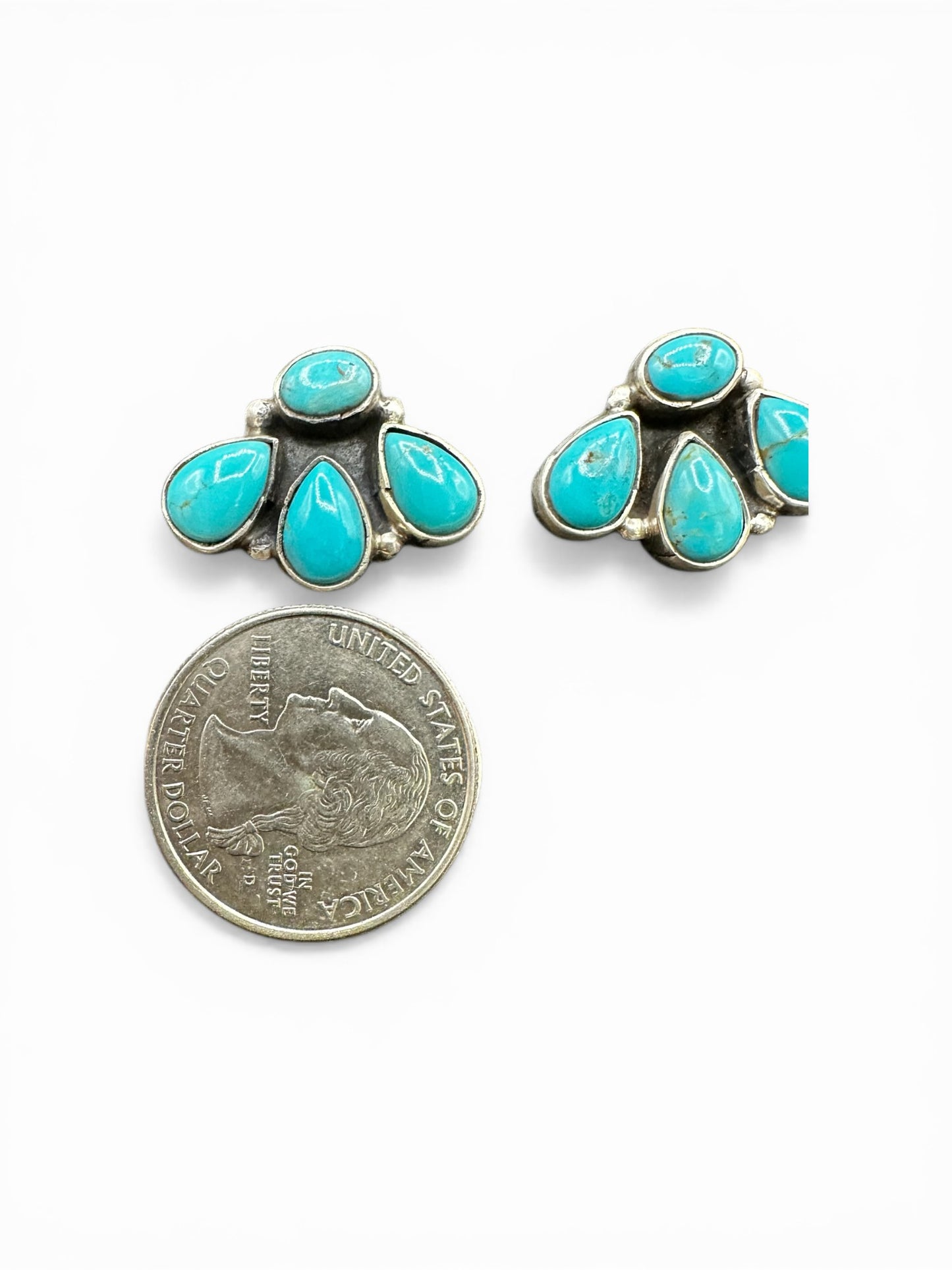 Medium Quarter Cluster Stud Earrings – Sterling Silver & Genuine Turquoise -  Authentic Native American Handmade – Marcella James - Made in USA