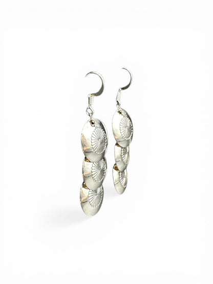 Medium Hook Dangle Earrings – Triple Disc Saucer Pearls -  Authentic Native American Handmade - American Sterling Silver - Made in USA