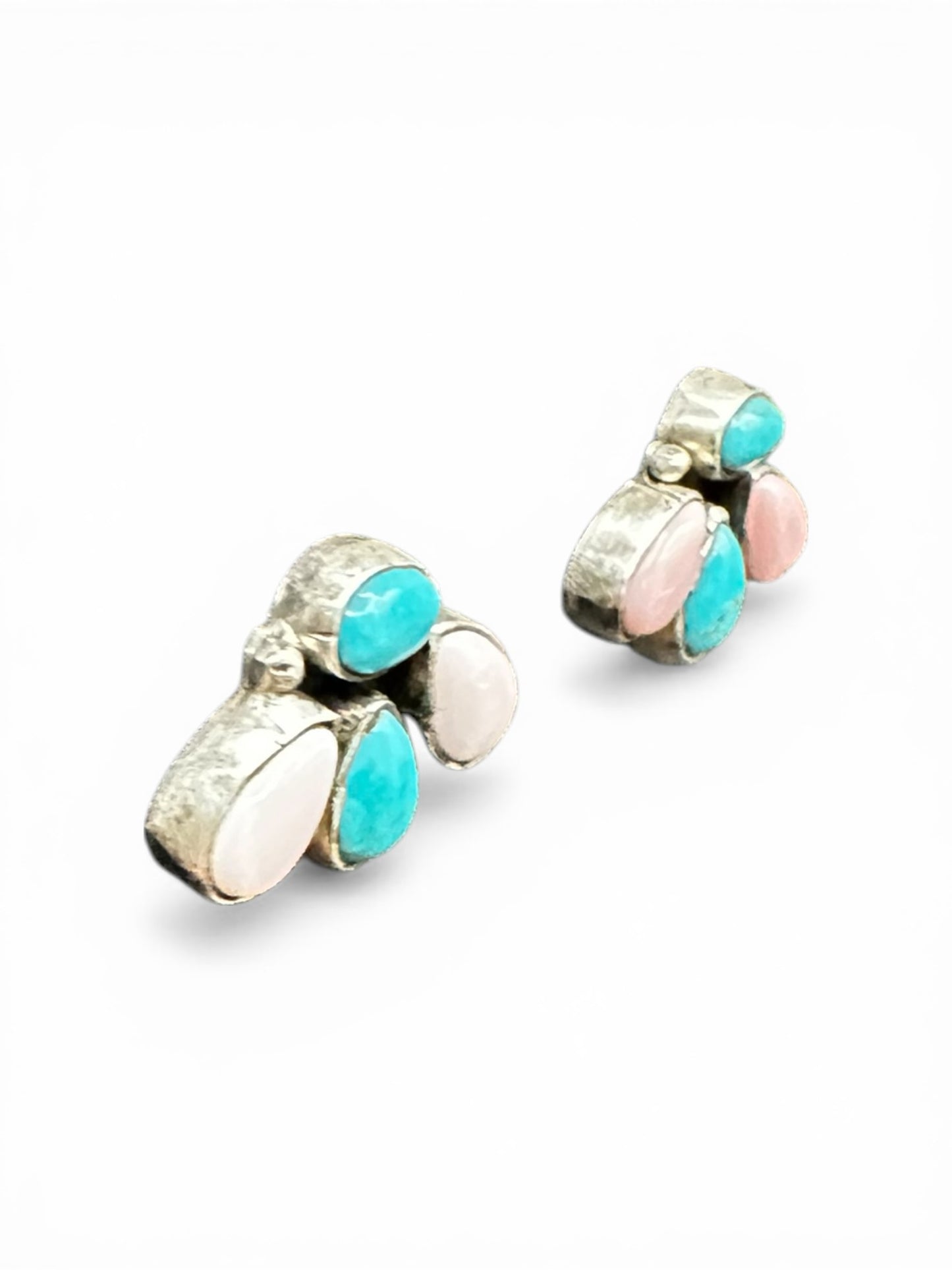 Medium Quarter Cluster Stud Earrings – Sterling Silver,  Genuine Turquoise and Queen Pink Conch -  Authentic Native American Handmade – Marcella James - Made in USA