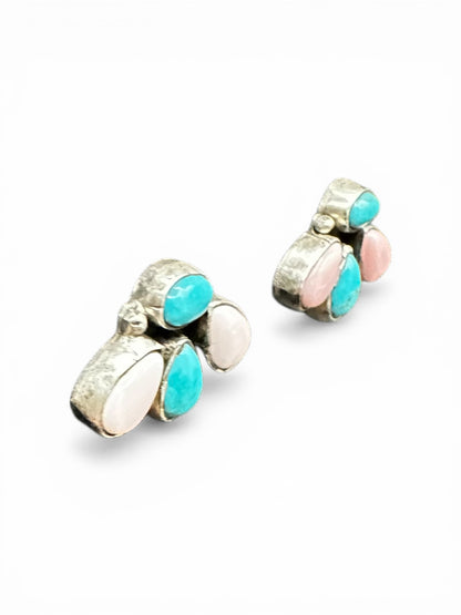Medium Quarter Cluster Stud Earrings – Sterling Silver,  Genuine Turquoise and Queen Pink Conch -  Authentic Native American Handmade – Marcella James - Made in USA