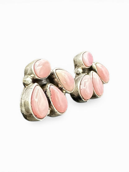 Medium Quarter Cluster Stud Earrings – Sterling Silver & Genuine Queen Pink Conch -  Authentic Native American Handmade – Marcella James - Made in USA