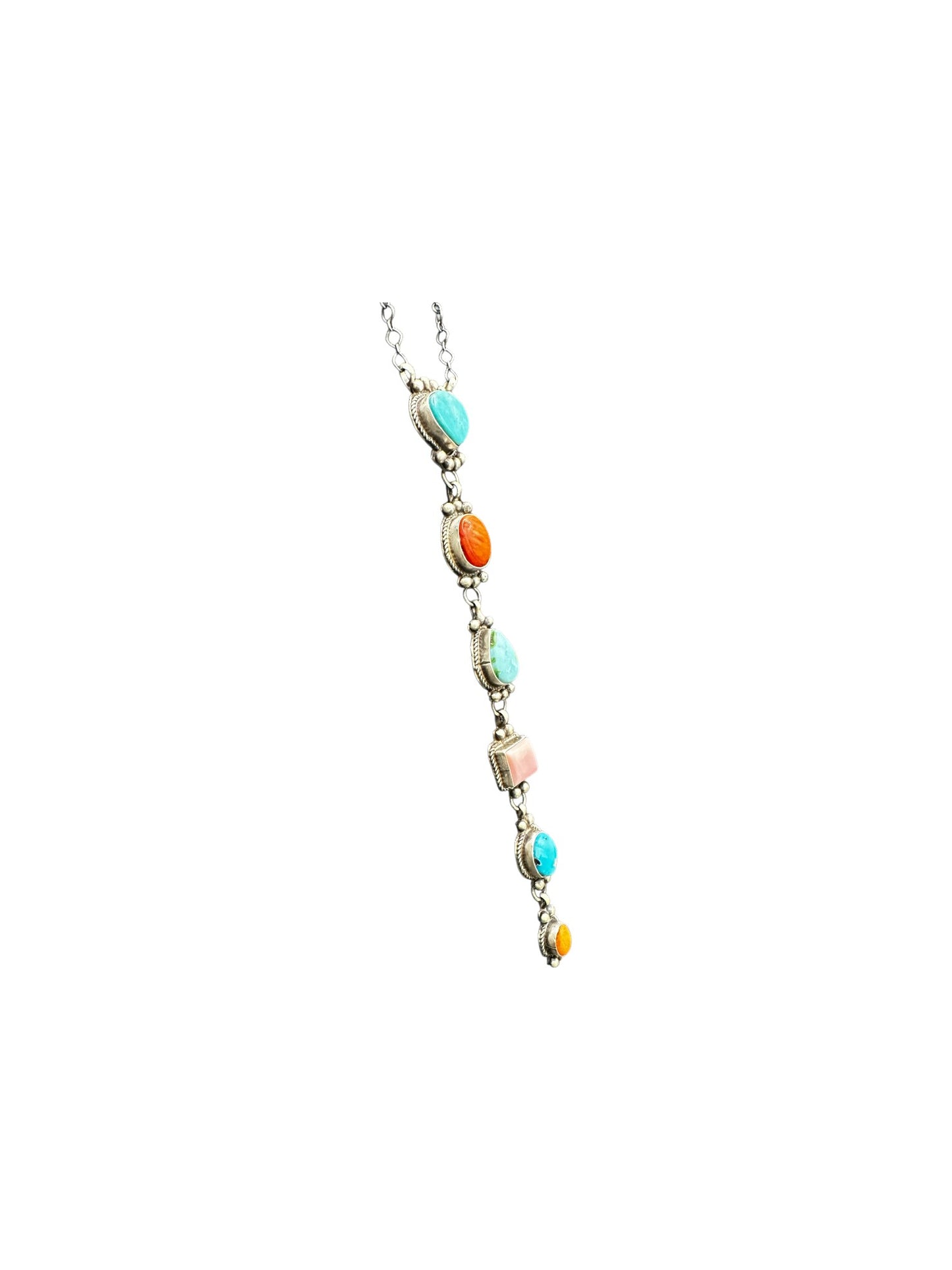 Multi Color & Stone Lariat Necklace – Sterling Silver, Turquoise, Spiny Oyster, Queen Pink Conch -  Authentic Native American Handmade – Harrison Yazzie - Made in USA