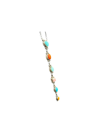 Multi Color & Stone Lariat Necklace – Sterling Silver, Turquoise, Spiny Oyster, Queen Pink Conch -  Authentic Native American Handmade – Harrison Yazzie - Made in USA